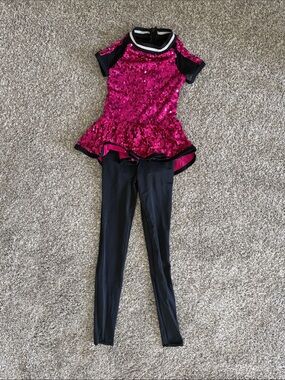 Weissman Girls Hot Pink Sequin Peplum Dance Set with Black Leggings